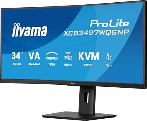 Image of iiyama Prolite XCB3497WQSNP-B1 Curved 1500R 34 Inch VA LED Monitor UWQHD HDMI DP USB 3.2 USB-C Dock 95W RJ45 KVM Switch Height Adjustment Adaptive Sync Black