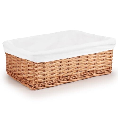Image of Woodluv Brown Wicker Storage Basket W/Off White Cloth Lining Xmas Hamper - Large