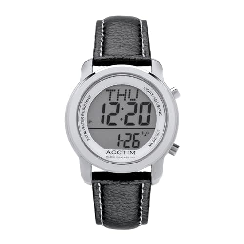 Image of Acctim 'Grande' Radio Controlled LCD Metal Watch with EL Backlight & Calendar (Black, Leather)