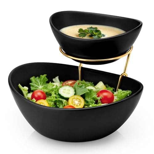 Image of MALACASA 2 Tier Chip and Dip Serving Set with Metal Stand,Ceramic Appetizer Bowls for Party, Multi-Use Food Display for Fruits, Snacks, Black Elegant Tiered Serving Dishes for Party
