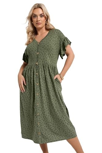 Image of Yours Curve Green Floral Frill Sleeve Dress - Women's - Plus Size Curve