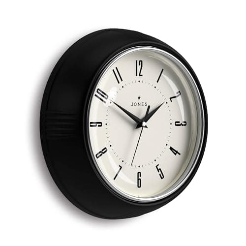 Image of Jones Clocks® Ketchup wall clock | Round retro diner clock | 25cm | Black | Ideal for the kitchen, living room, office or bedroom | Easy to read numbers