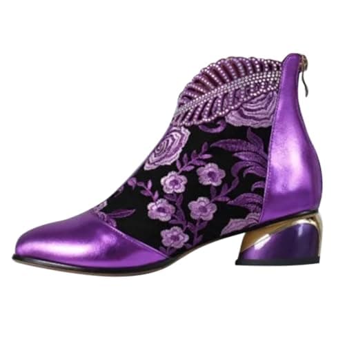 Image of wide fit ankle boots for women Ladies Boots Chunky Heel Mid Heel Short Women's Border Large Size Glitter Sequins Round Head Chunky Wide Fit Wedge Shoes Warm Lined Low Calf walking women Purple 6.5