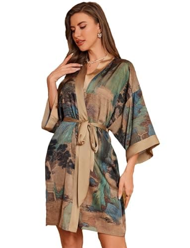 Image of LOCIIXAT Women Nightwear Dressing Gown Satin Kimonos Short Silky Robe, Green