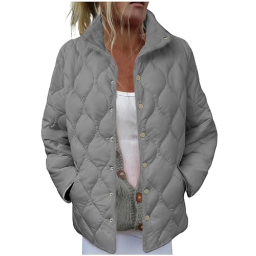Image of AnnSemo Womens Quilted Jackets Winter Casual Plain Coats Long Sleeve Lightweight Jackets for Women UK Stand Collar Button Up Outerwear Ladies Padded Coats with Pockets