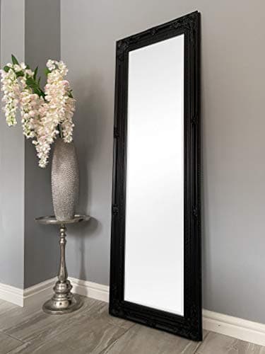 Image of DOWNTON INTERIORS UK Black Tall Ornate Dressing Wall Mirror with Bevelled Glass - Overall Size: 142cm x 47cm