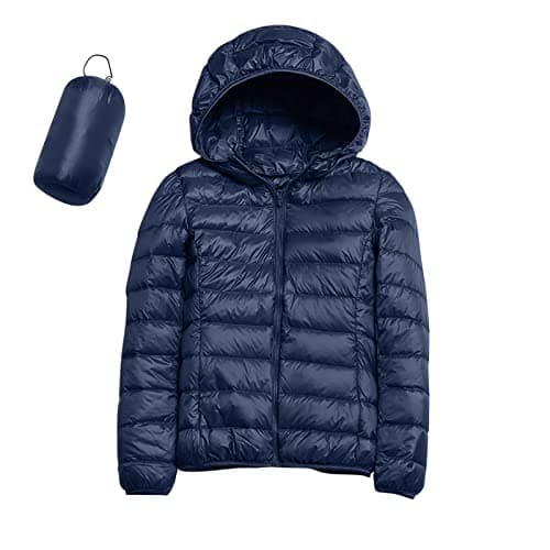 Image of Womens Winter Lightweight Puffer Jacket with Hood Warm Short Packable Women Quilted Jacket Transitional Padded Down Jacket for Ladies Lined for Hiking Travel Plus Size Thin Jacket Down Navy