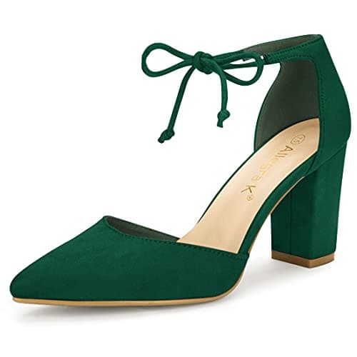 Image of Allegra K Women Ankle Tie Chunky Heel Pointed Toe Dress Pumps Dark Green 8 UK/Label Size 10 US