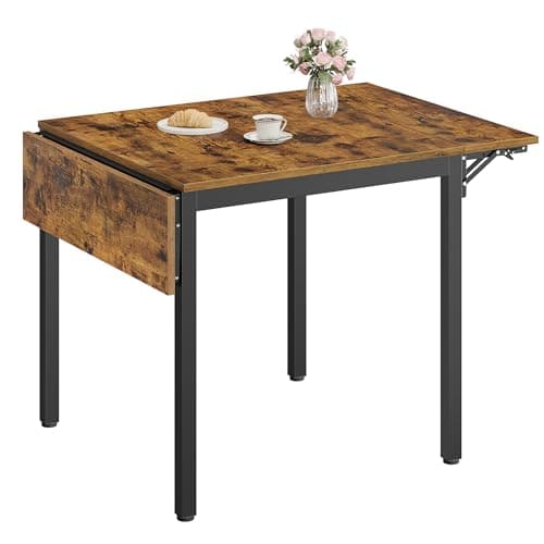 Image of VASAGLE Folding Dining Table, Drop Leaf Extendable, for Small Spaces, Seats 2-4 People, Industrial, 78 x 120 x 76.2 cm, Rustic Brown and Ink Black KDT077B01