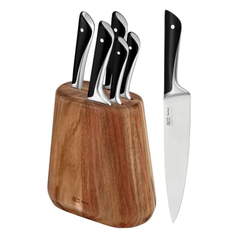 Image of Tefal Jamie Oliver Kitchen Knife Block Set, 5-Piece – Chef, Bread, Santoku, Utility & Paring Knives, German Stainless Steel, Ice-Hardened Blades, Comfortable Handles – K267S556