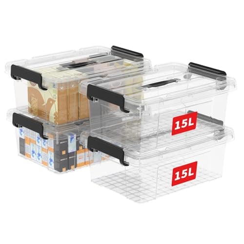 Image of Cetomo 15L*4 Storage Boxes, Carry Plastic Storage Box with Lids, Clear Organizing Container with Handle and Secure Latches, Nestable & Stackable Tote Box for Home Office, 15L-4 Pack, Transparent