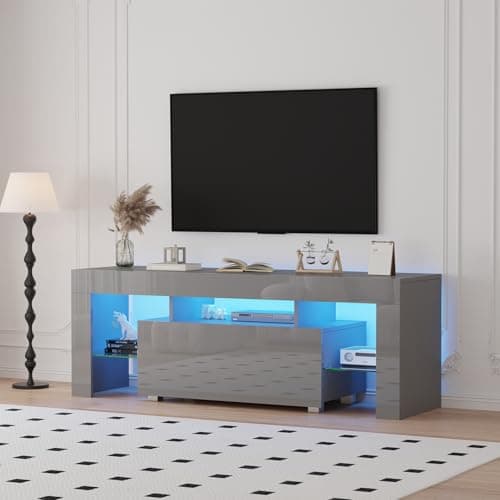 Image of QIHANG-UK TV Cabinet, TV Unit Stand with LED Lights, Modern High Gloss TV Table Stand, Living Room Entertainment Center with 1 Drawer for 32"-65 inch, 130cm Media Center with Storage (Grey)