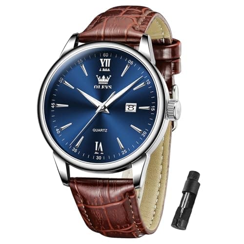 Image of OLEVS Men's Waterproof Casual Watch Brown Leather Strap Blue Dial Quartz Wristwatch Simple Dial with Date Watches for Men