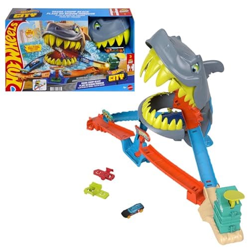 Image of Hot Wheels Toy Car Track Set, City Shark Chomp Beach Playset with 1:64 Scale Die-Cast Vehicle. 2 Ways to Play, Knock Out the Shark or Get Eaten, JHL96