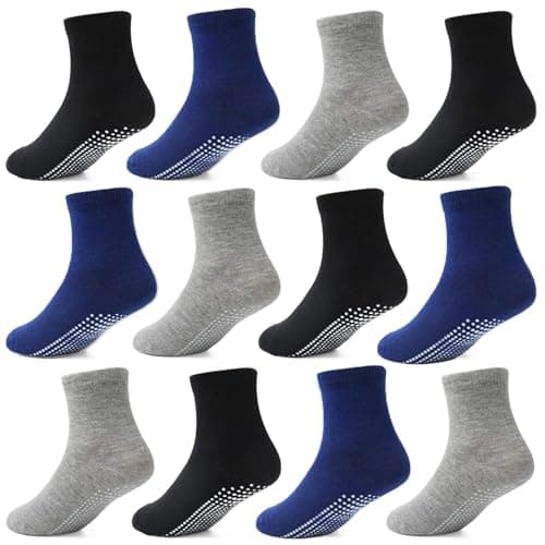 Image of HYCLES Baby Grip Socks 12 Pairs for Boys Girls 0-10 Years - Toddler Non Slip Kids Anti Skid Crew Socks with Grips 7-10 Years