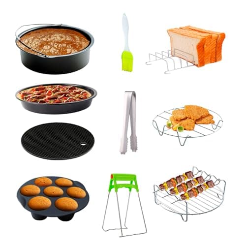 Image of 10 Pcs Air Fryer Accessories Set with 6/7/8 in Nonstick Cake Barrell Pizza Pan Cupcake Pan Skewers Bread Bracket Silicone Mat for 3.2QT-5.8QT Air Fryer (6in)