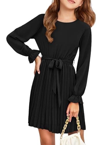 Image of Haloumoning Girls' Elegant Long Sleeve Dresses Kids A-line Pleated Skirt Round Neck Flowing Midi Dress, Black, 5-6 Years