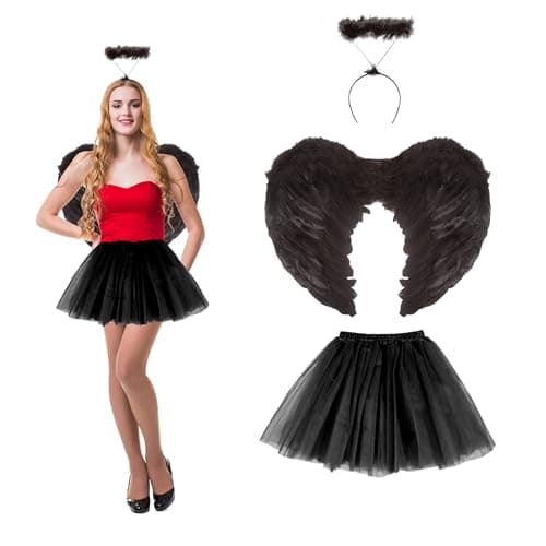 Image of Lizzy Adult Fairy Angel Costume Includes Halo, Feather Wings, Girls Ladies Short & Sexy Tutu Skirt | Women's Halloween Christmas Fancy dress Costume Accessories (Black Angel)