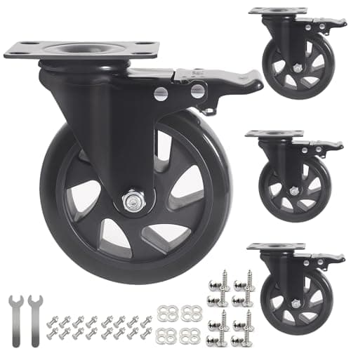 Image of RRIUTO 125MM Heavy Duty Caster Wheels, Furniture Caster Bearing 800KG Swivel Castors Wheels for Furniture Rubber Swivel Trolley Castor with Brake (include 16pcs screws)