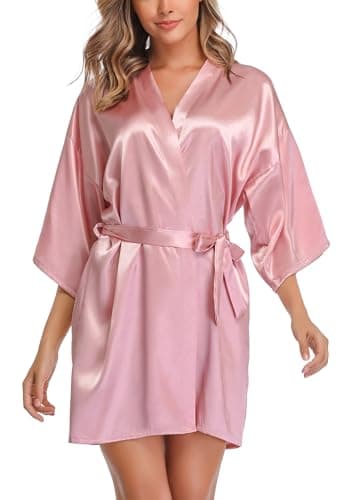 Image of Wikoan Women's Satin Dressing Gown, Soft Silk Robe Lightweight Sleepwear for Bridal, Wedding Party Robes with Oblique V-Neck,S,Dusky Rose