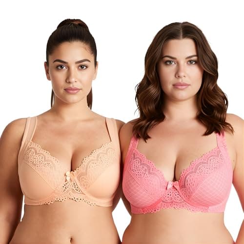 Image of Curve Muse Women's Plus Size Unlined Underwire Lace Bra with Cushion Straps-Pink Print,Nude-Size:40B (EU:90B)