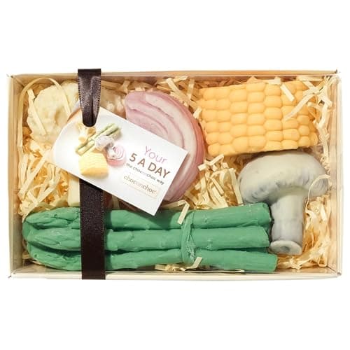 Image of Choc on Choc Chocolate Vegetables 5 a Day Gift Box | Handmade Solid White and Dark Chocolate Onion, Mushroom, Asparagus, Cauliflower & Corn, Natural Colors, Fun Novelty Gift - 100g