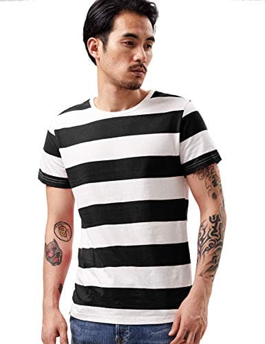 Image of Wide Striped T Shirt for Men Breton Tee Stripes Sailor Top Cotton Basic Short Sleeve for Summer Beach Black and White Striped, Black and White Striped, M (chest 37)