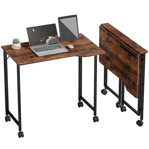 Image of HOMCOM Small Folding Desk, 80 cm Foldable Computer Desk on Wheels for Small Space, Space Saving Writing Table with Device Slot for Home Office, Bedroom, Easy Assembly, Rustic Brown