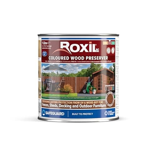 Image of Roxil Wood Stain Preserver (Chestnut, 1 Litre) - Fast-Drying Satin Finish for Decking, Fence, Shed, Furniture. 5 Year Protection for Indoor & Outdoor
