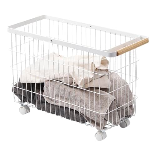 Image of Yamazaki Home Tosca Compact Rolling Laundry Basket Cart - Metal Hamper With Wheels And Handle For Easy Mobility - Space-Saving Storage Solution, 15" - Steel + Wood - 9.2 Gallons, 35L