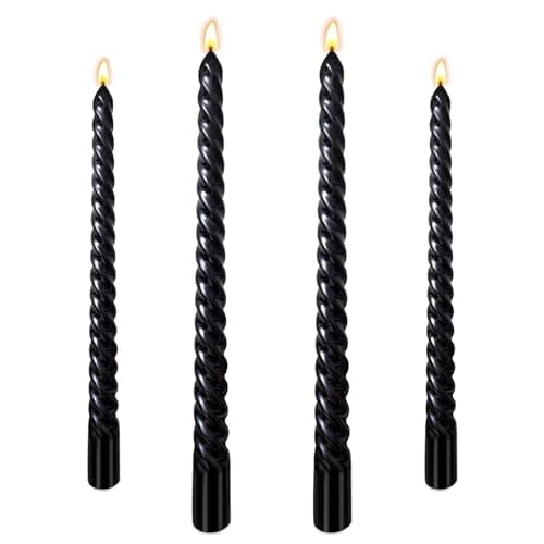 Image of Black Candles, 10 Inch Metallic Black Taper Candles, Pack of 4 Dripless Tall Twisted Candle, Unscented Dinner Candle for Candlesticks Wedding Christmas Birthday Party Decoration