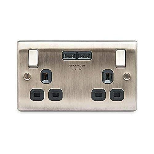 Image of BG Electrical NAB22U3B Nexus Metal Antique Brass Double Switched 13A Power Socket With USB Charging - 2X USB Sockets (3.1A) Black Insert
