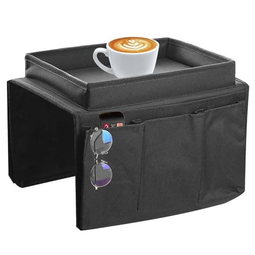 Image of JKYVAA Sofa Armchair Tray Organiser Waterproof Sofa Arm Chair Table Tray TV Remote Control Holder Non-Slip Armrest Couch Cup Holder Organizer with 4 Bags for Drinks Phone Magazine Book Snacks Glasses