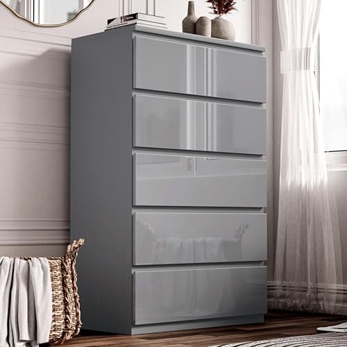 Image of Blisswood High Gloss Chest of Drawer, 5 Drawer Bedroom Chest of Drawer Bedside Table Cabinet for Bedroom Living room Furniture, Grey, 70W x 40D x 115H cm