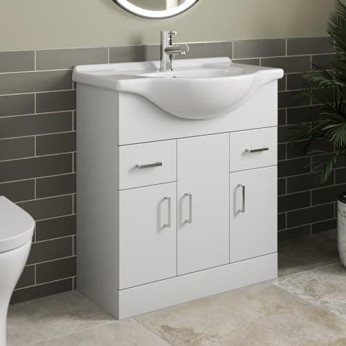 Image of Affine® 750mm Vanity Unit Basin Sink Bathroom Storage Cabinet Cupboard Freestanding, Single Tap Hole Ceramic Wash Basins, Soft Close Doors & Drawers, White Gloss