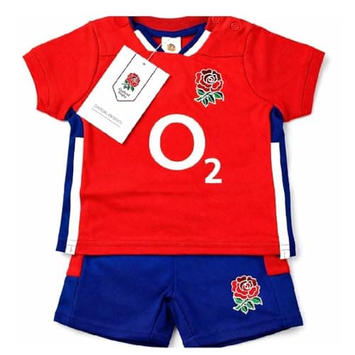 Image of England Rugby RFU Baby Shirt & Short Set, Red Shirt Navy Shorts, Away Kit, Embroidered Crest, 100% Cotton (18-23 months)