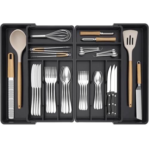 Image of Lifewit Extra Large Cutlery Drawer Organsier, Extendable Utensil Tray for Kitchen, Silverware and Flatware Holder, Compact Plastic Storage for Spoons Forks Knives, 46-70x42cm, 12 Sections, Black