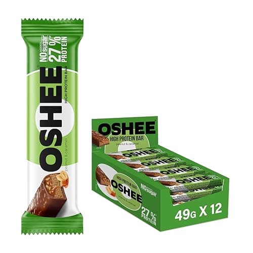 Image of Oshee High Protein Bars – Peanut & Caramel, 49g (Pack of 12), 27% Protein Snack for Muscle Recovery & Energy, No Sugar, High Fibre, Ideal for Active Lifestyles