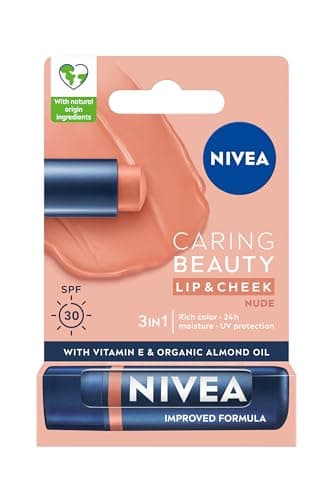Image of NIVEA Caring Beauty Nude Lip Balm SPF30 (4.8g), 3-in-1 Buttery Lip and Cheek Tint, Rich Colour and 24H Moisturisation with SPF 30 Protection
