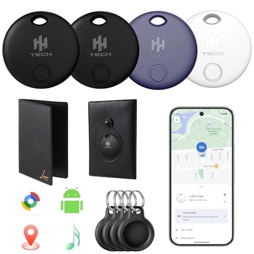 Image of HH-Tech Android Smart Tracker Tag Combo Works with Google Find Hub, Bluetooth Item Finder, Key Finder, Replaceable Battery, Track Bag, Luggage (Pack-4 with 4 Cases and Free Passport Holder)