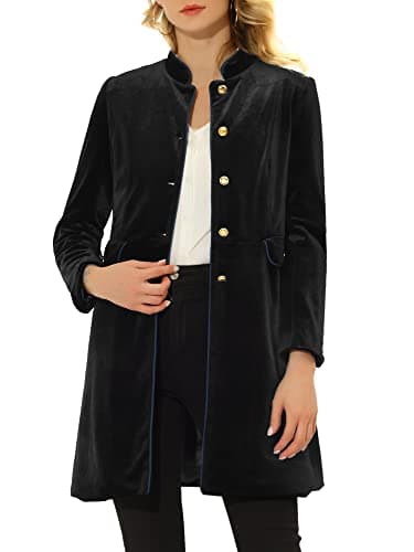 Image of Allegra K Women's Winter Velvet Outwear with Pockets Stand Collar Single Breasted Long Coat Black 16