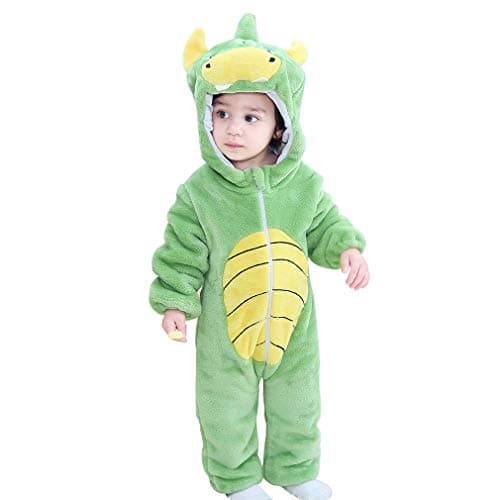 Image of COOKY.D Newborn Baby Girl Boy Hooded Romper Bodysuit Autumn Winter Warm Flannel Animal Outfits Pajamas Cosplay Costume, Green, Size 100 (Height: 31 inch-35 inch/18-24 Months)