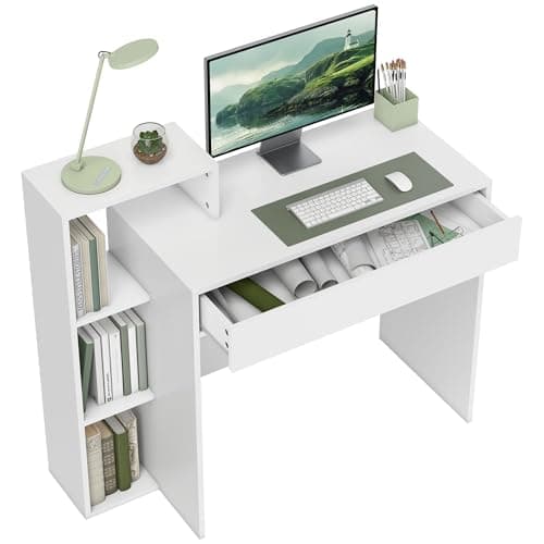 Image of HOMCOM Desk with Storage, Computer Desk with 3 Open Shelves and Drawer, Workstation, Computer Table for Home Office, Living Room, 100 x 40 x 90 cm, White