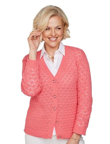 Image of Chums Ladies Pointelle Knit Button-Up Cardigan, Lightweight Summer Sweater Coral M-L