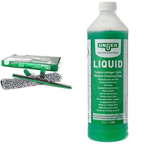 Image of UNGER ErgoTec 2-in1 Window Cleaner Starter Kit - Squeegee & Microfibre Power Washer Sleeve & UNGER FR100 Window Cleaning Liquid Soap - Smear Free Window Glass Cleaner 1L
