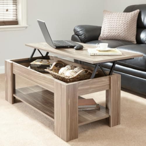Image of GFW Lift Up Coffee Table With Hidden Storage For Living Room. Modern Wooden Lift Top Coffee Tables, Display Shelf & Storage Compartment For Media & Accessories, Walnut, H39.5cm x W105cm x D50cm