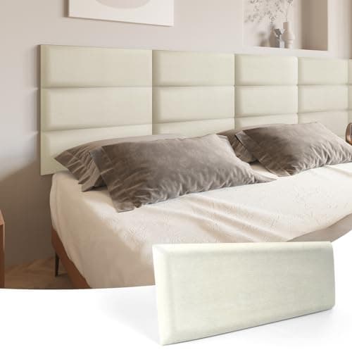 Image of Art3d Peel and Stick Headboard for King, Full and Queen in Velvet Pearl, Pack of 12 Panels Sized 9.84" x 23.62", Soundproof Upholstered 3D Wall Panels