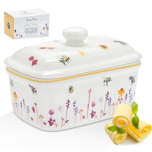 Image of The Leonardo Collection Jennifer Rose Gallery Busy Bees Butter Dish with Lid | Decorative Ceramic Butter Keeper for Kitchen Use | Charming Bee-Themed Dish for Dining Table Or Gift Giving