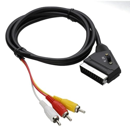 Image of kenable SCART to RCA Cable Bidirectional Composite AV Lead with 3 Phono Plugs Red White Yellow Switchable Input Output 1.5m Black