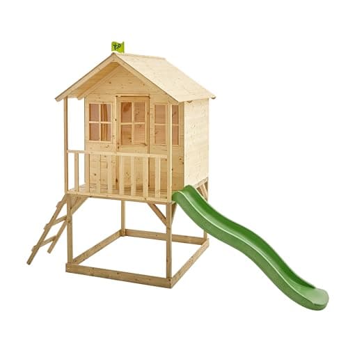 Image of TP Toys Hill Top Tower Wooden Playhouse With Slide - 2 Windows And A Door, All With Perspex For Kids. Includes Fun Wavy Slide And Shaded Sandpit. Made From FSC Certified Wood. 3 Years+
